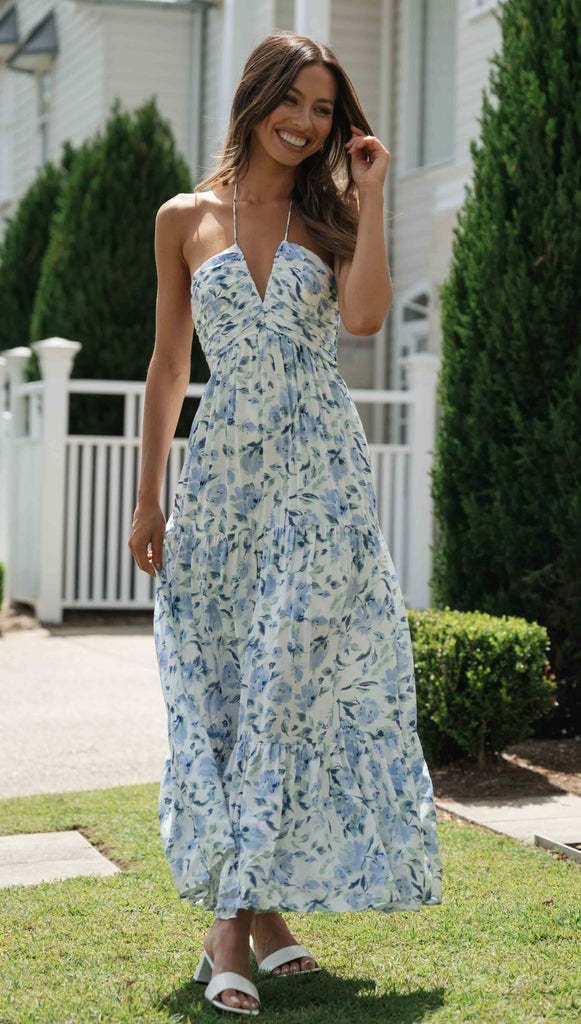 Blue Floral Halter Neck Midi Dress