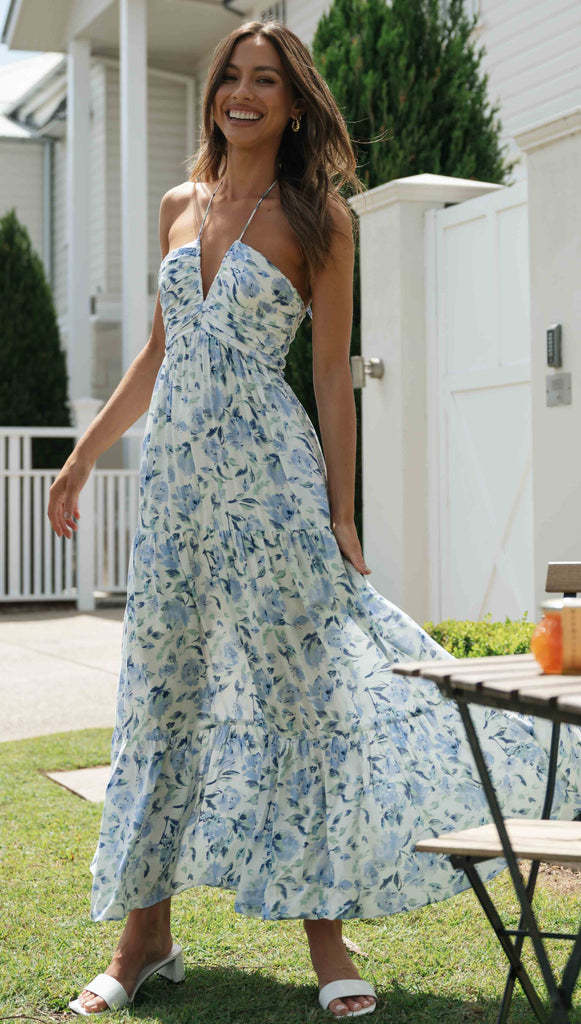 Blue Floral Halter Neck Midi Dress