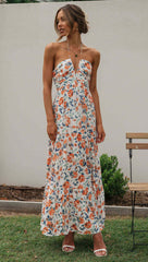 Orange Floral Halter Neck Midi Dress