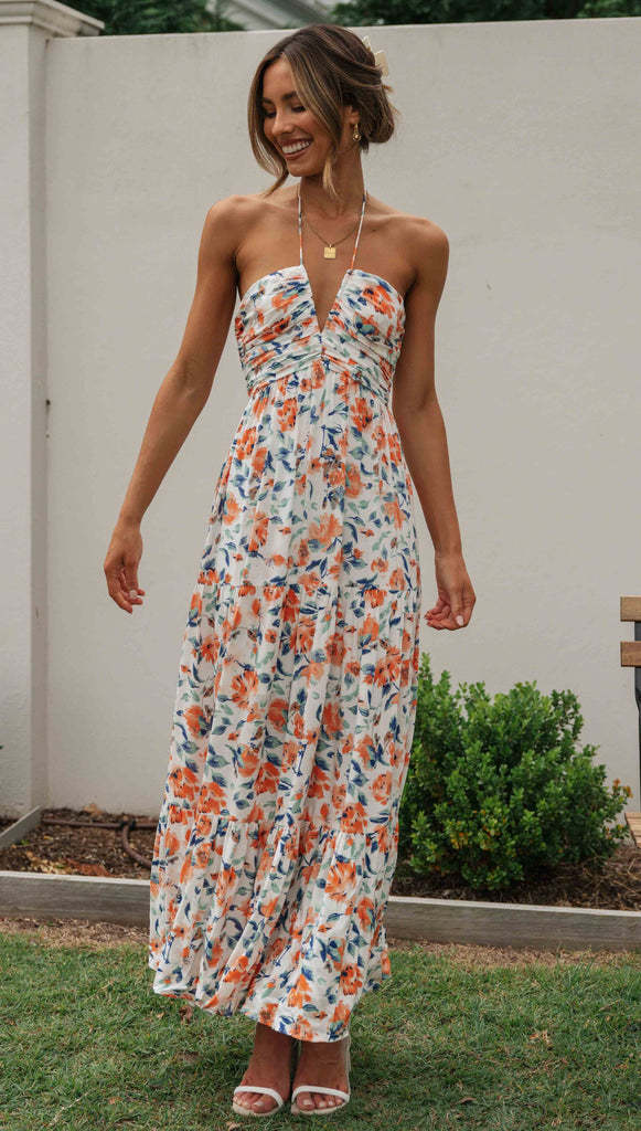 Orange Floral Halter Neck Midi Dress