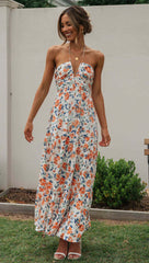 Orange Floral Halter Neck Midi Dress