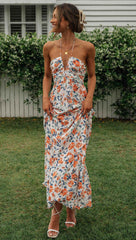 Orange Floral Halter Neck Midi Dress