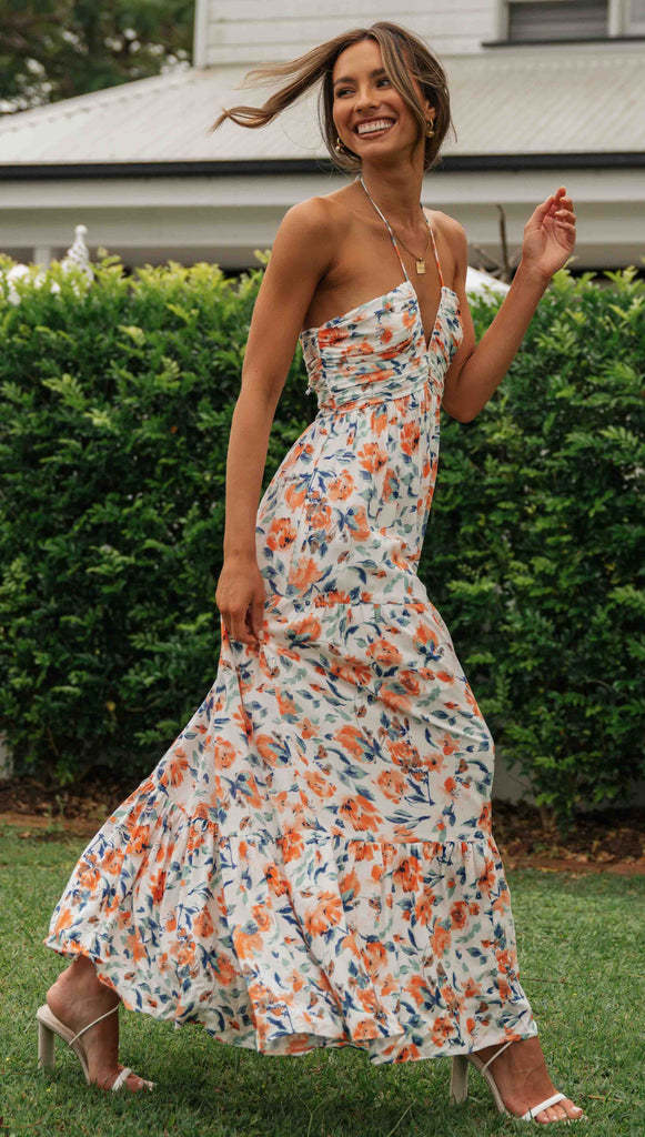 Orange Floral Halter Neck Midi Dress