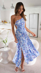 Blue Floral Cutout Slip Midi Dress