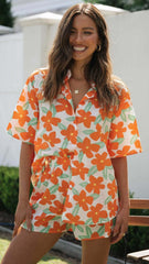 Orange Floral Shirt and Shorts Matching Sets