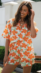 Orange Floral Shirt and Shorts Matching Sets