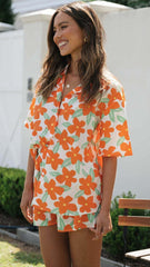 Orange Floral Shirt and Shorts Matching Sets