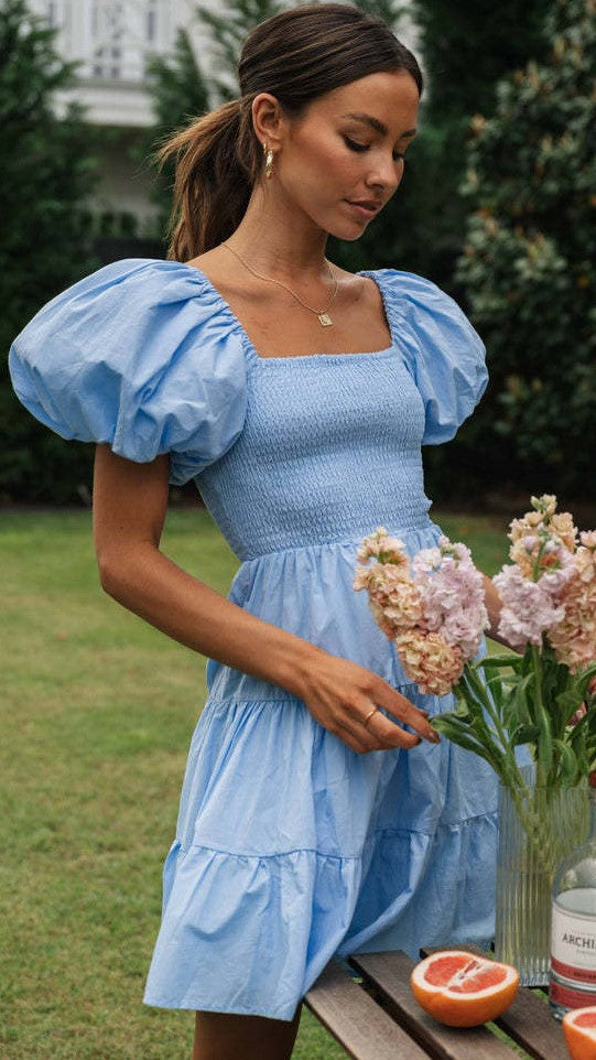 Blue Smocked Mini Dress