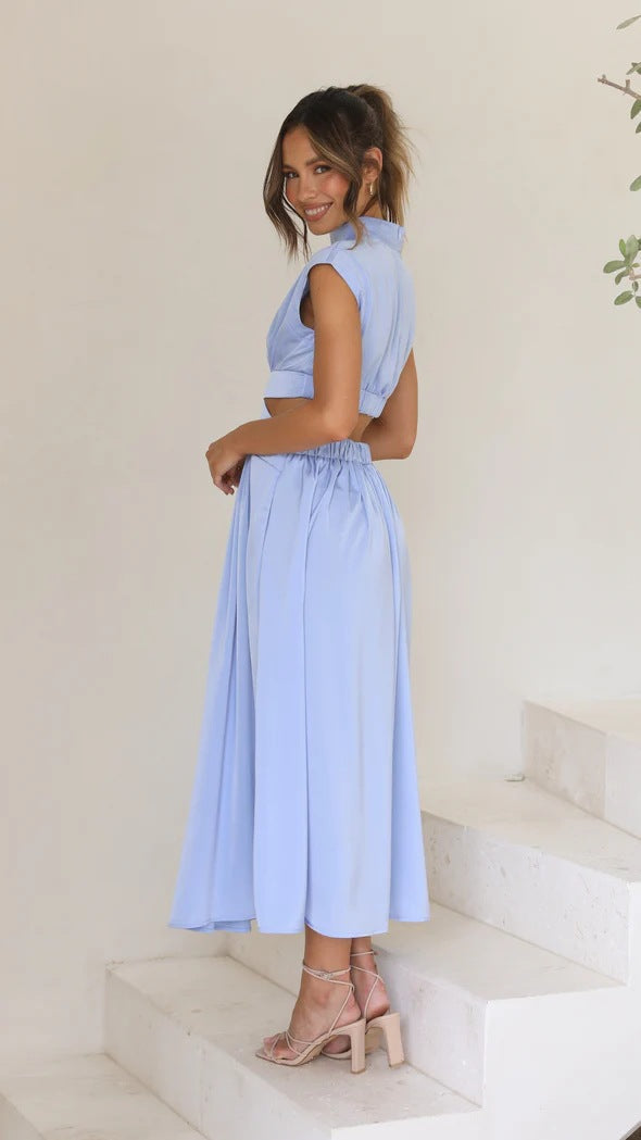 Blue Cutout Waist Midi Dress