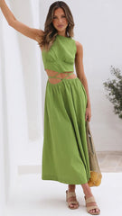 Green Cutout Waist Midi Dress