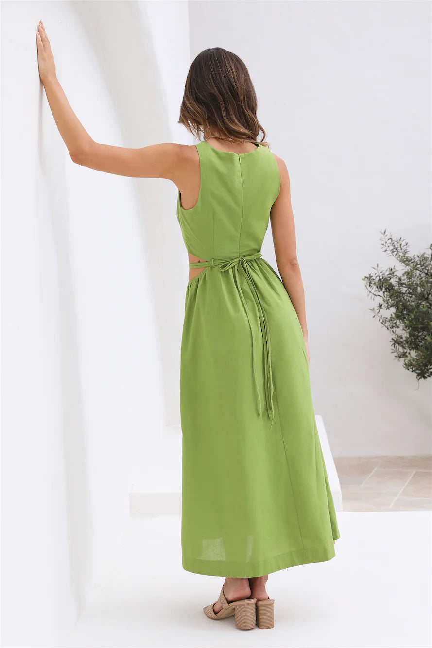 Green Cutout Waist Midi Dress