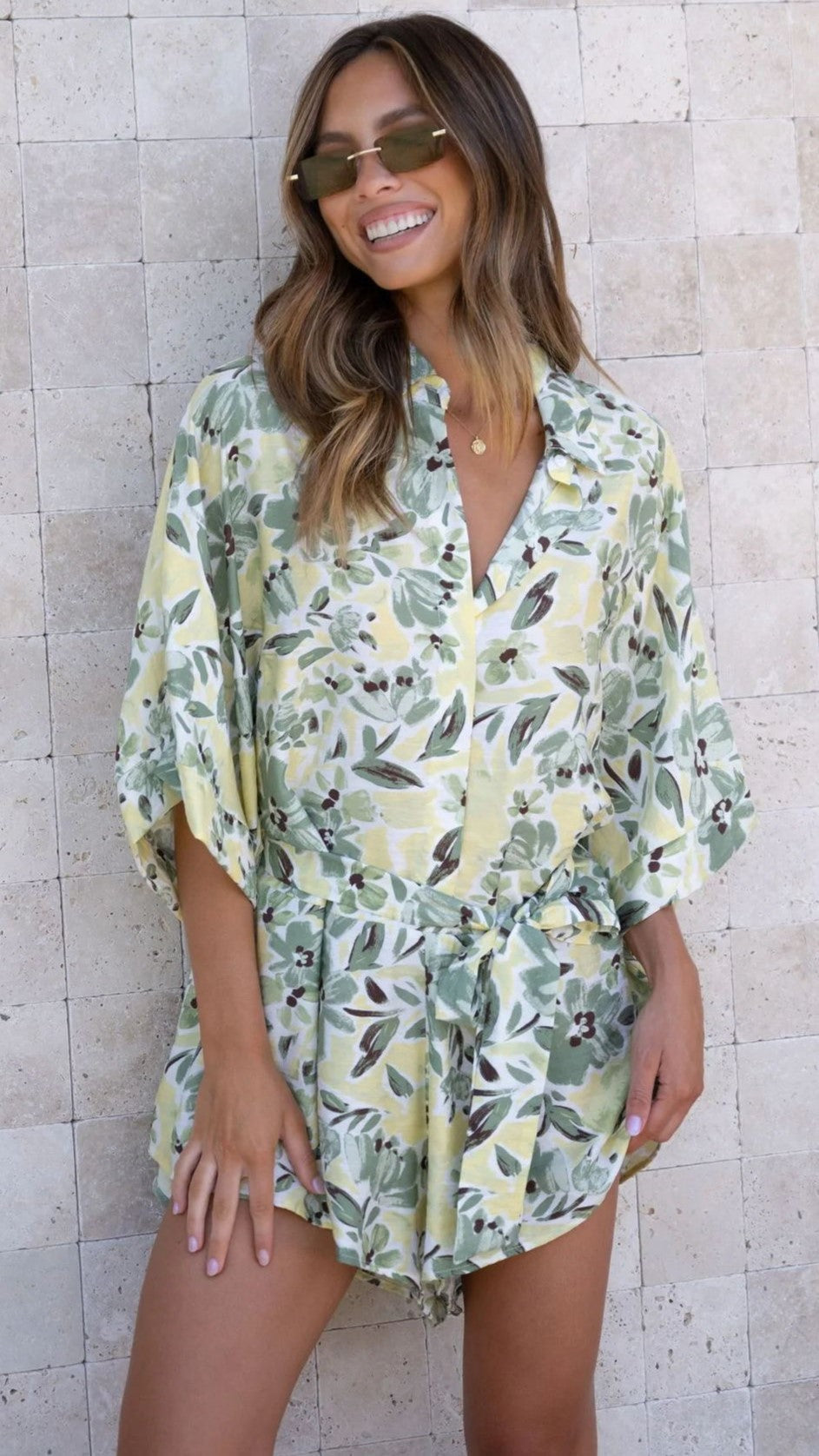 Green Foliage Print Half Sleeves Romper