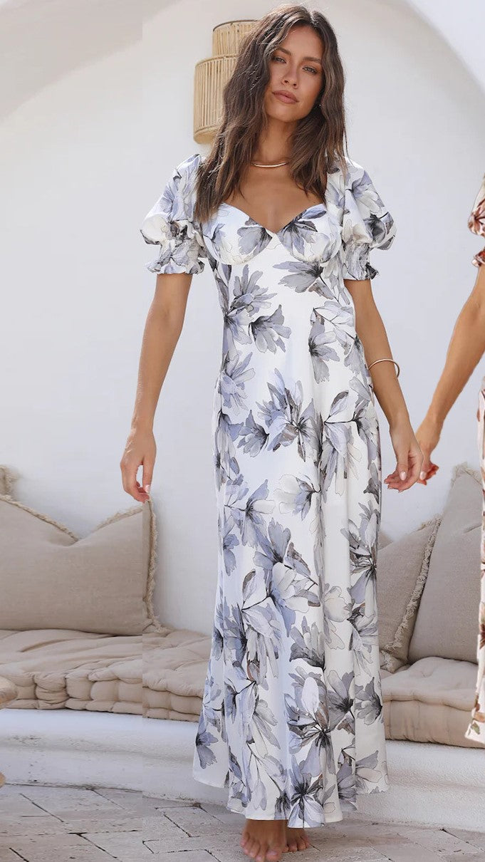 Grey Blue Silhouette Floral Midi Dress