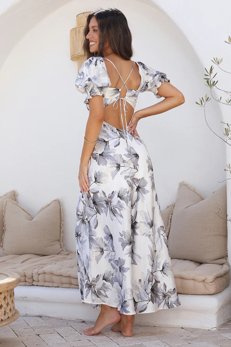 Grey Blue Silhouette Floral Midi Dress