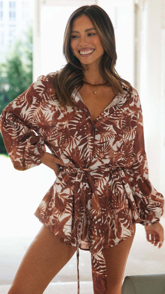 Brown Foliage Print Waist Tie Romper