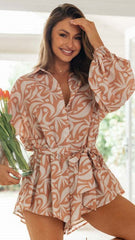 Beige Floral Waist Tie Romper
