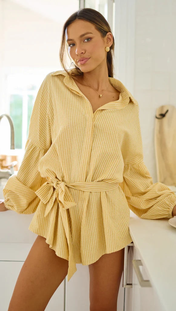 Yellow Striped Long Sleeves Romper