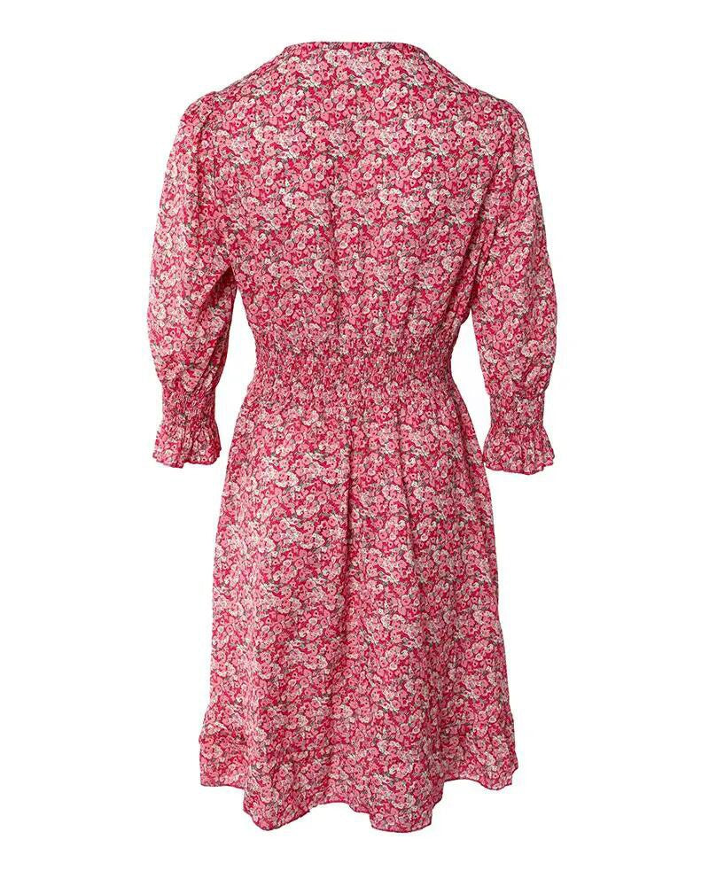 Ditsy Floral Print Puff Sleeve Ruffle Hem Shirred Dress