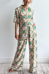 Weekend Adventures Unique Mosaic Print Button Up Shirt and Elastic Waist Pants Set