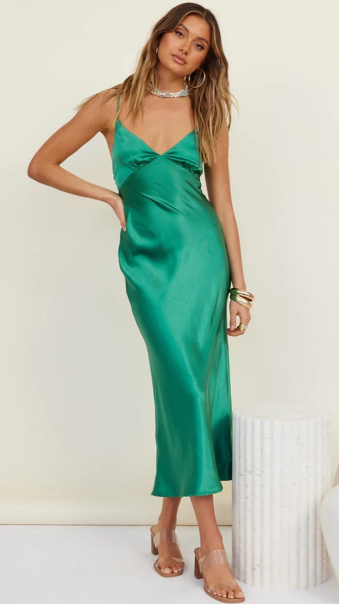 Hunter Green Satin Midi Dress