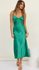 Hunter Green Satin Midi Dress