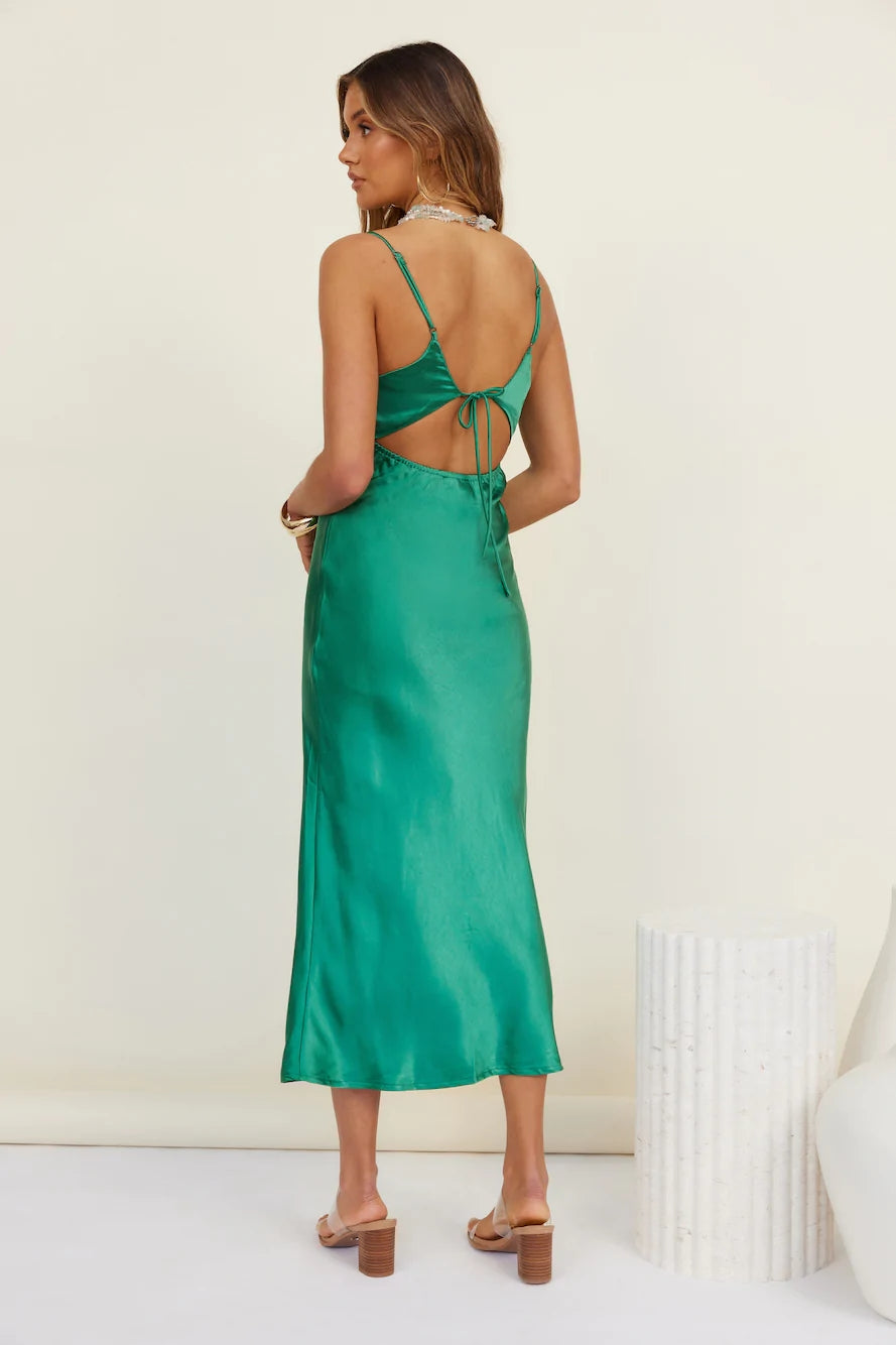 Hunter Green Satin Midi Dress