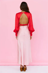 Pink Colorblocked Long Sleeves Midi Dress