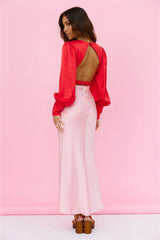 Pink Colorblocked Long Sleeves Midi Dress