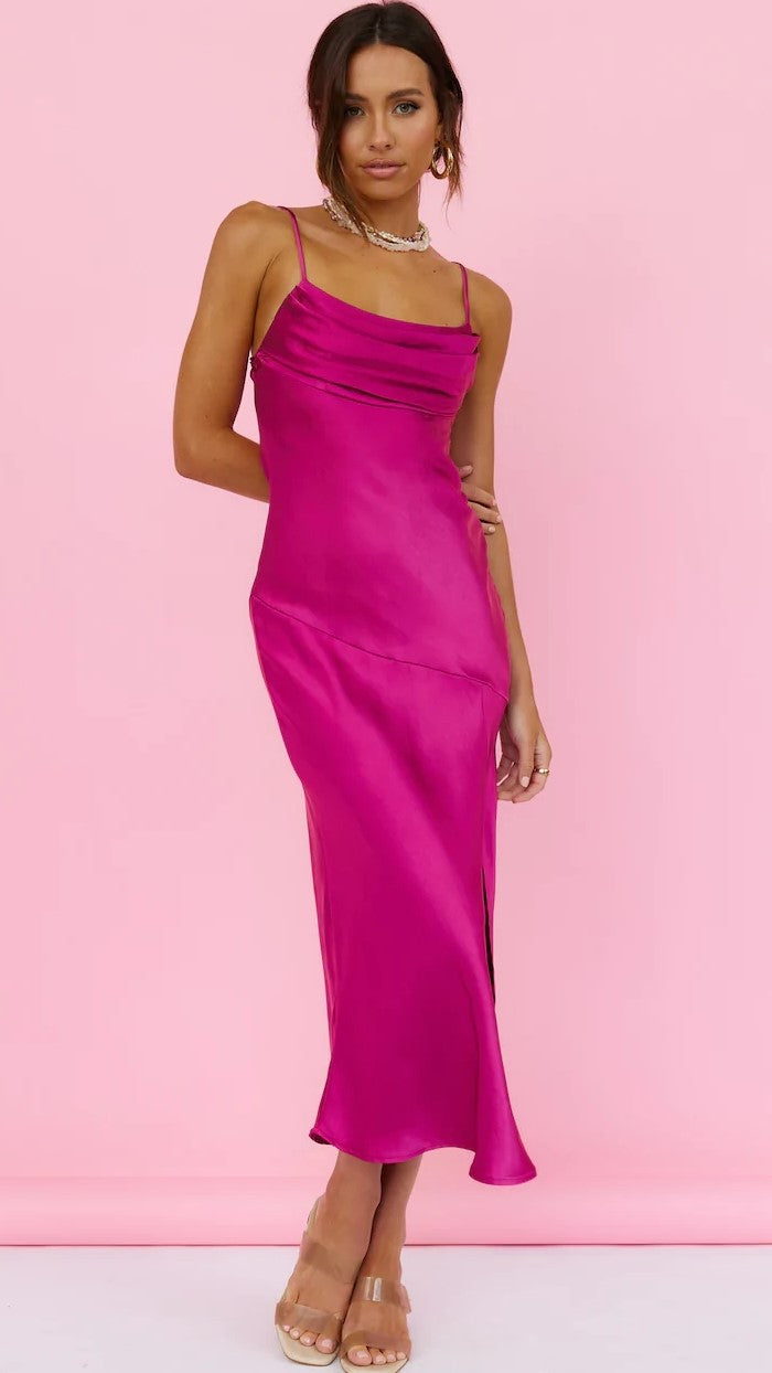Fuchsia Satin Slip Midi Dress