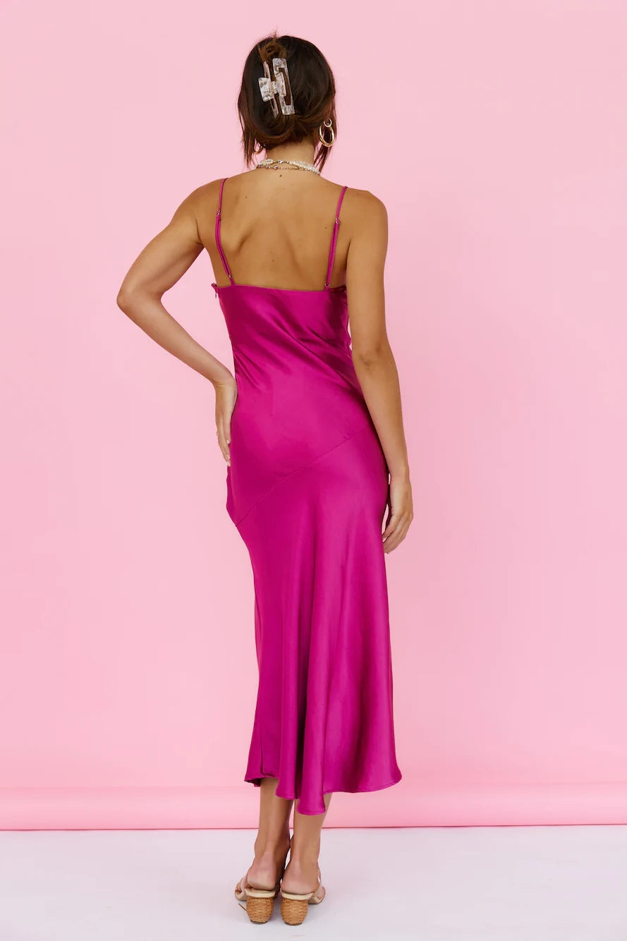 Fuchsia Satin Slip Midi Dress