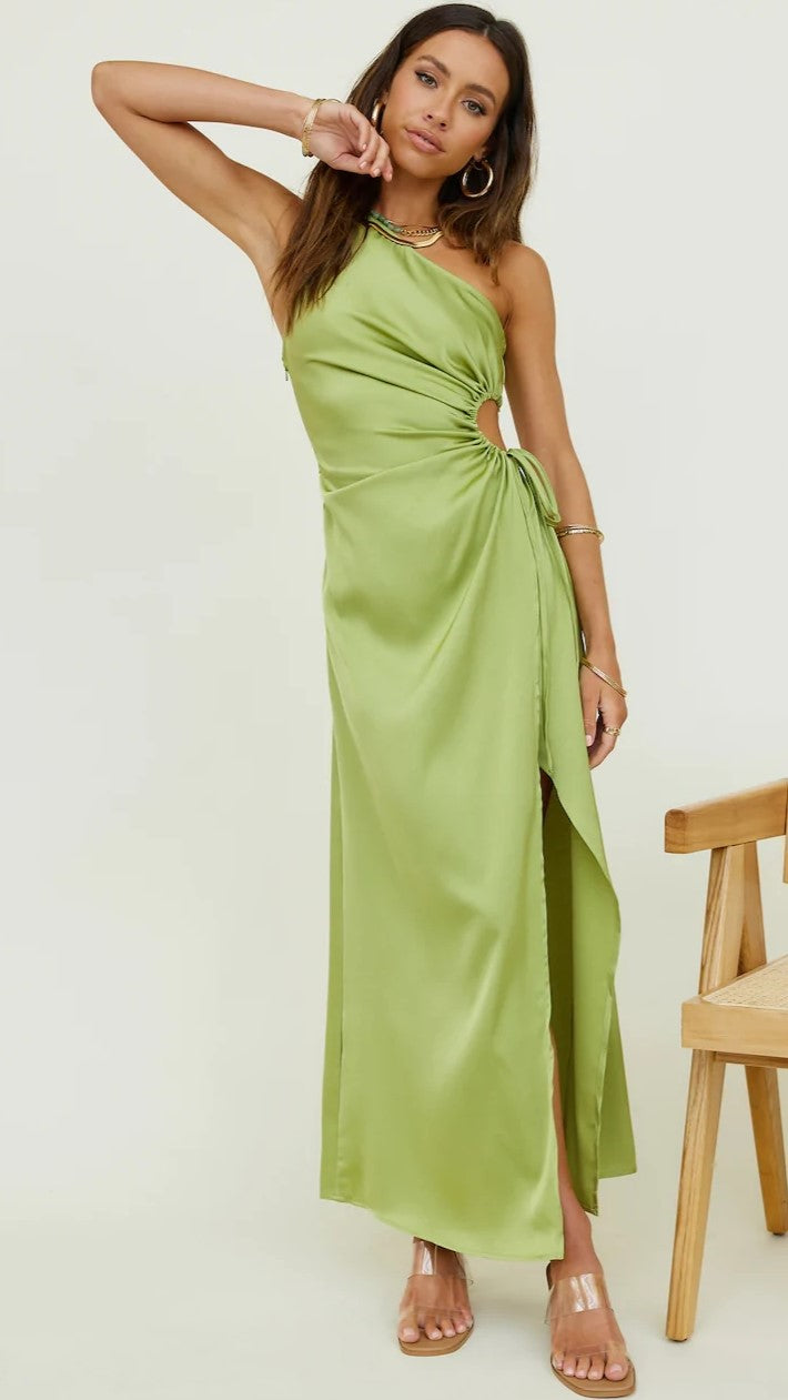 Lime Green One Shoulder Midi Dress