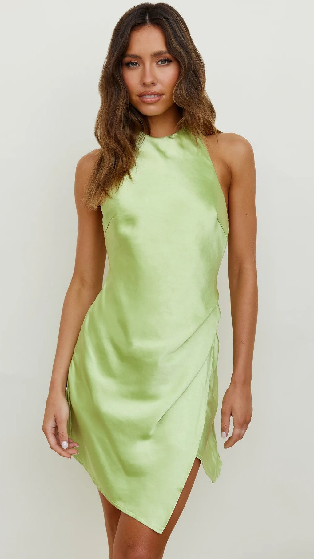 Lime Green Satin Halter Mini Dress