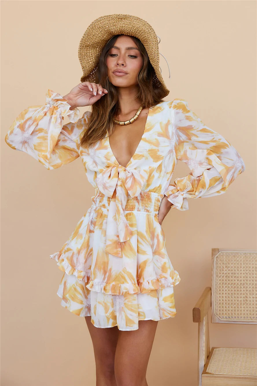 Yellow Floral Waist Tie Mini Dress