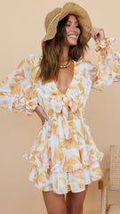 Yellow Floral Waist Tie Mini Dress