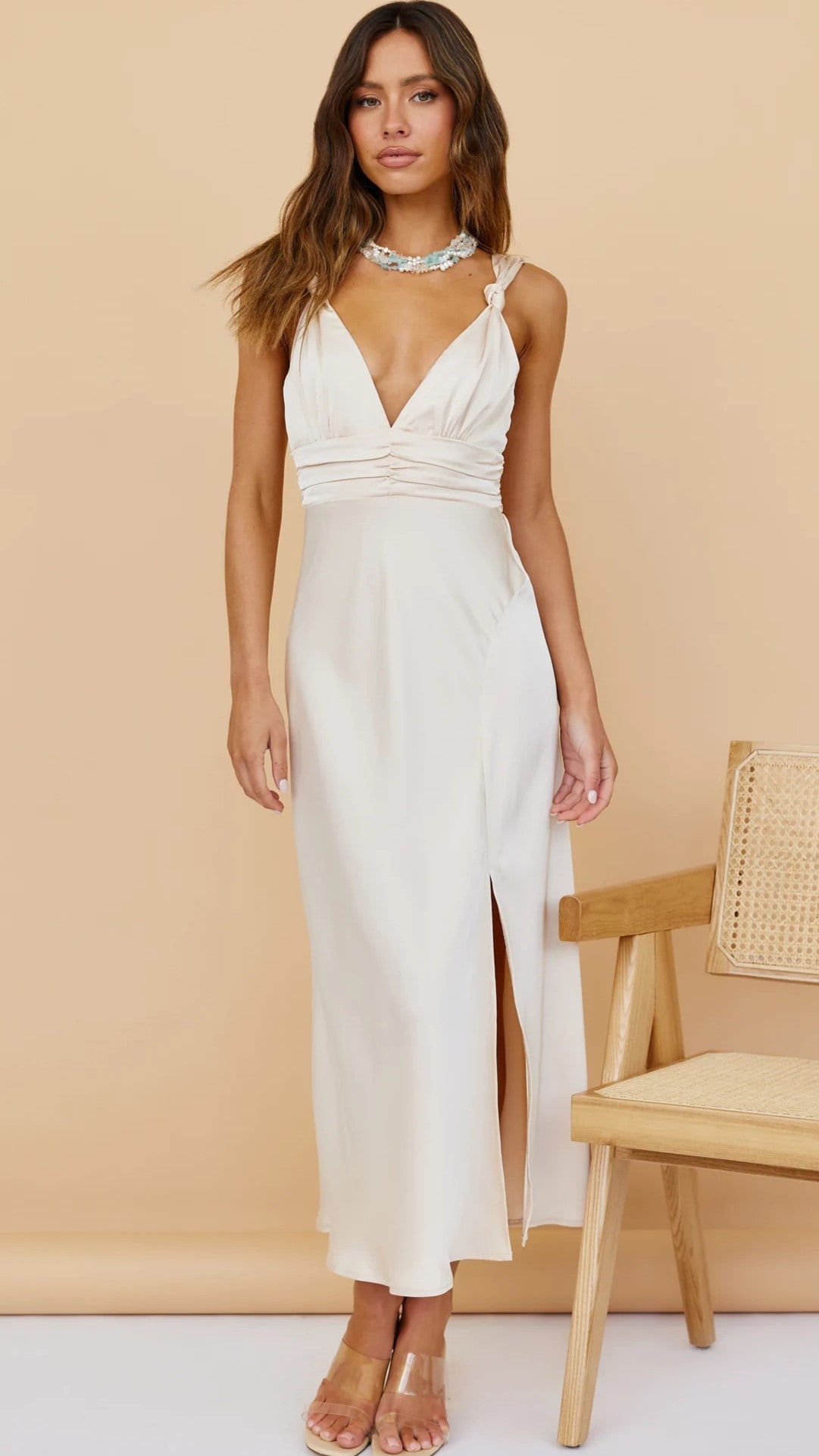 Champagne Satin Slip Midi Dress