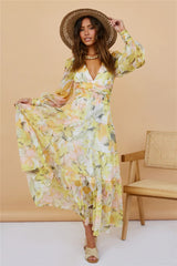 Yellow Floral Long Sleeves Midi Dress