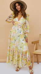 Yellow Floral Long Sleeves Midi Dress