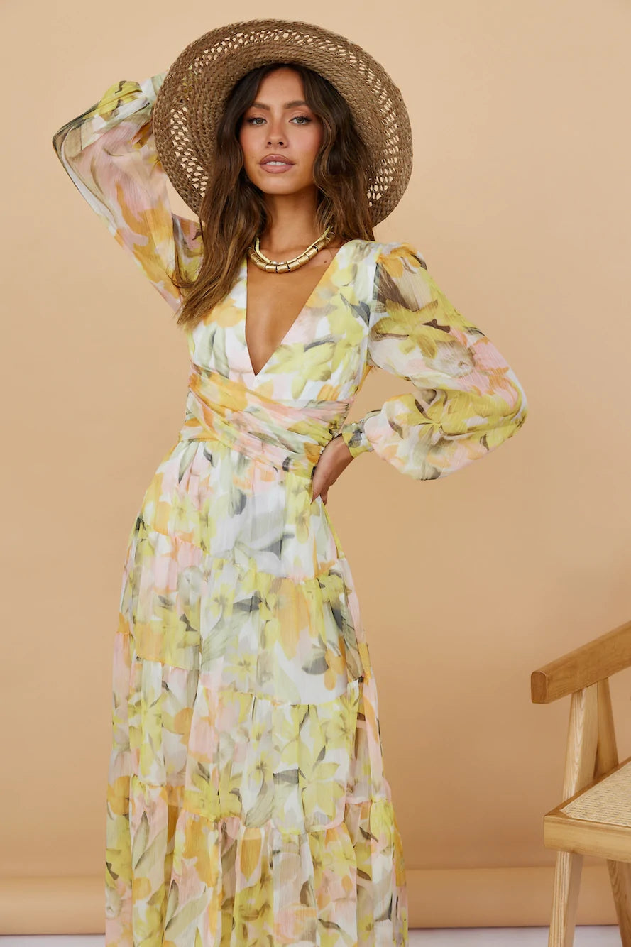 Yellow Floral Long Sleeves Midi Dress