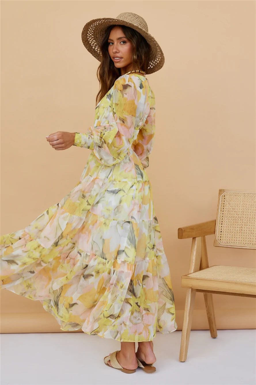 Yellow Floral Long Sleeves Midi Dress