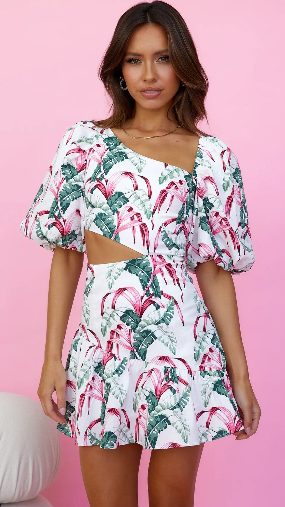 Green Leaves Print Cutout Mini Dress