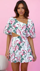Green Leaves Print Cutout Mini Dress