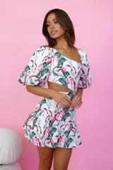 Green Leaves Print Cutout Mini Dress