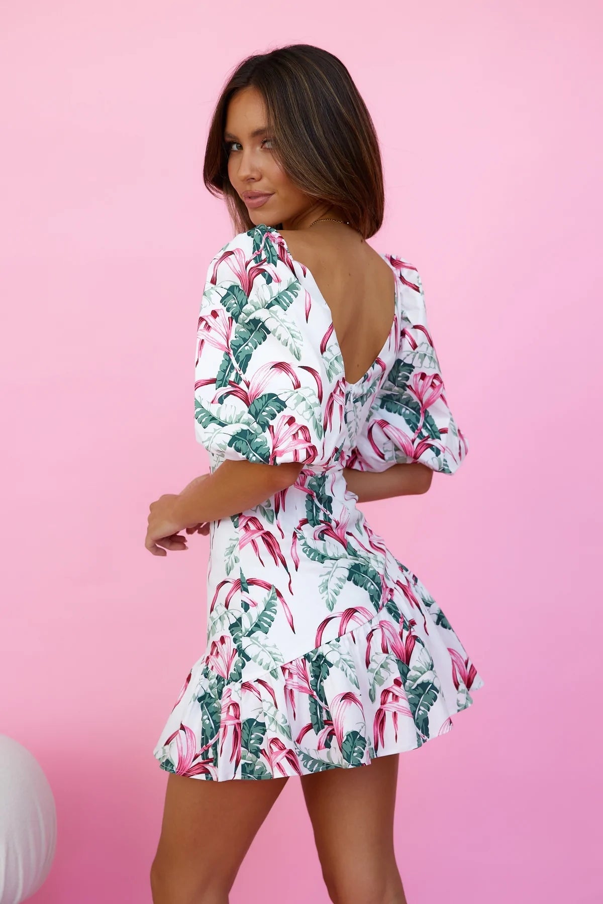 Green Leaves Print Cutout Mini Dress