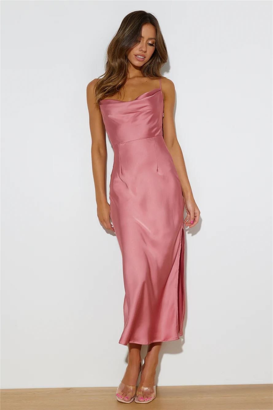 Dusty Pink Satin Slip Midi Dress