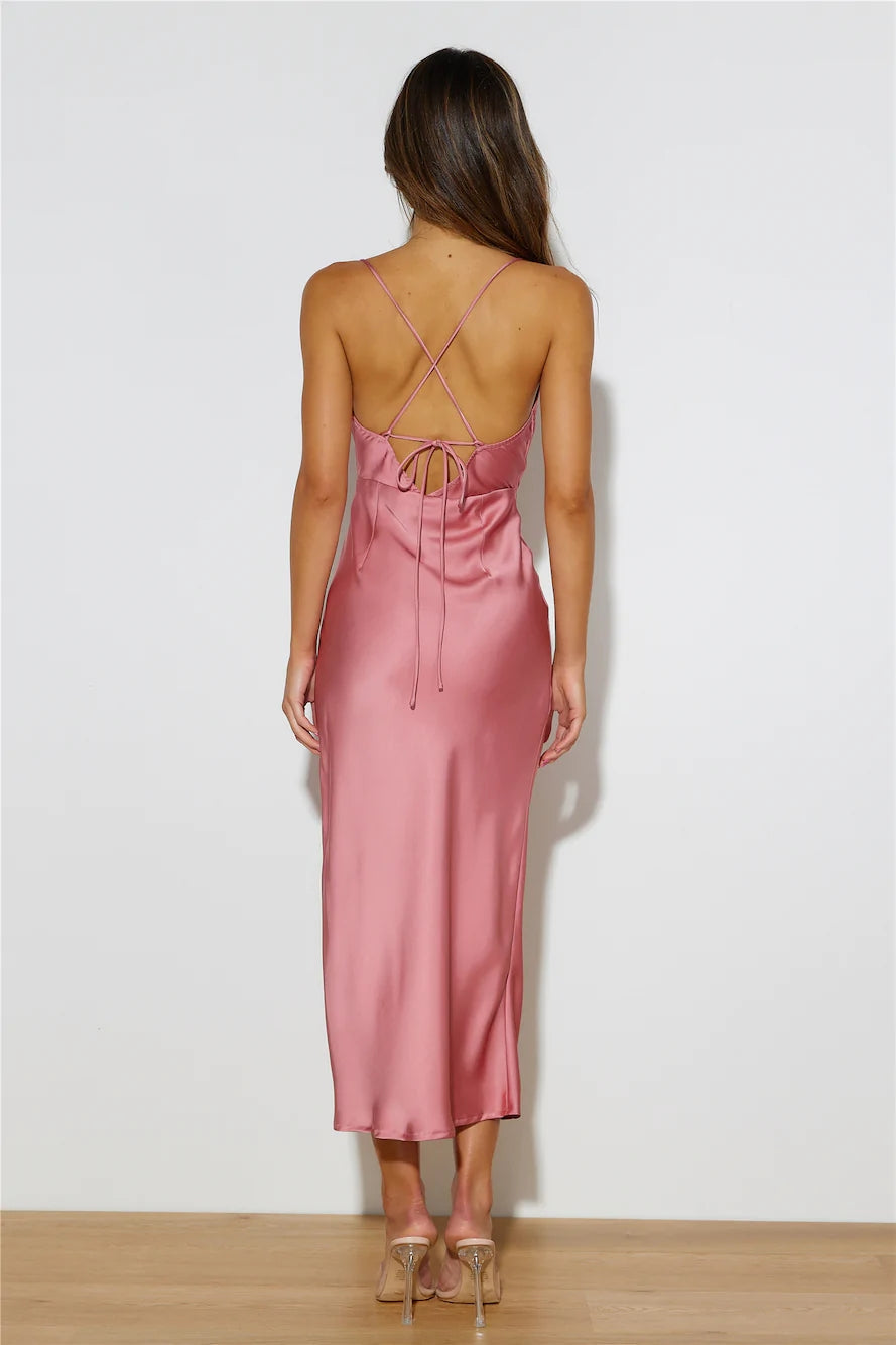 Dusty Pink Satin Slip Midi Dress
