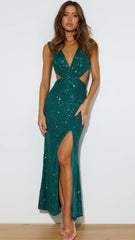 Forest Green Sequin Maxi Party Dress