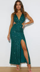 Forest Green Sequin Maxi Party Dress
