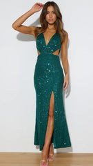 Forest Green Sequin Maxi Party Dress
