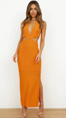 Oranges Neckholder-Midikleid mit Cut-Outs in der Taille