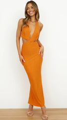 Oranges Neckholder-Midikleid mit Cut-Outs in der Taille
